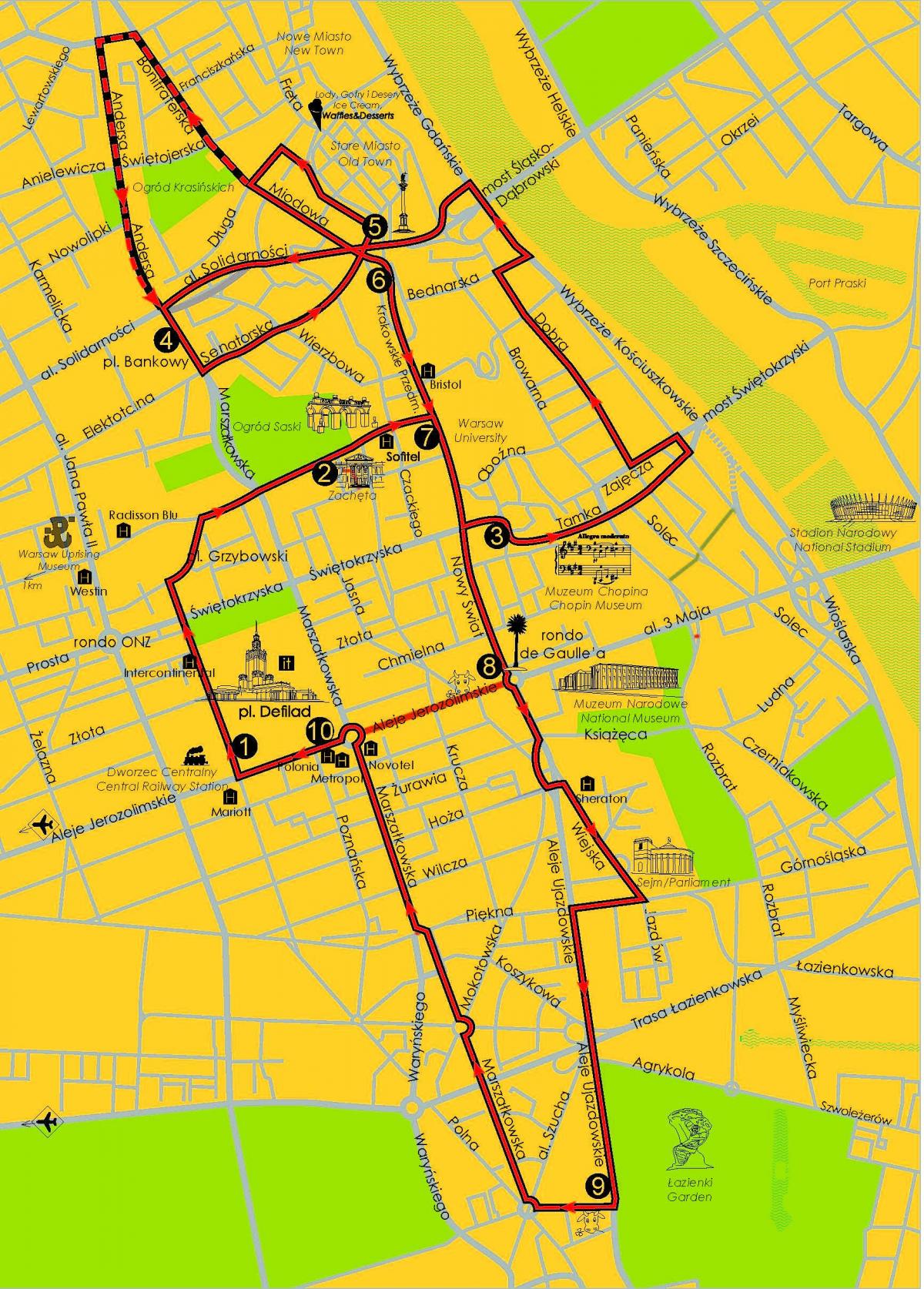 Χάρτης της Βαρσοβίας hop on hop off λεωφορείο 