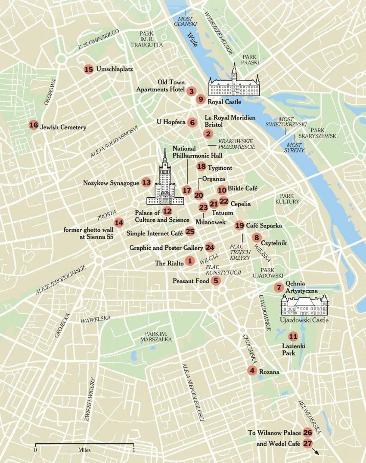 χάρτης της Βαρσοβίας με τα τουριστικά αξιοθέατα